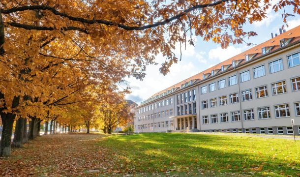 an outdoor view of a building, in the fall, with yellow leaves